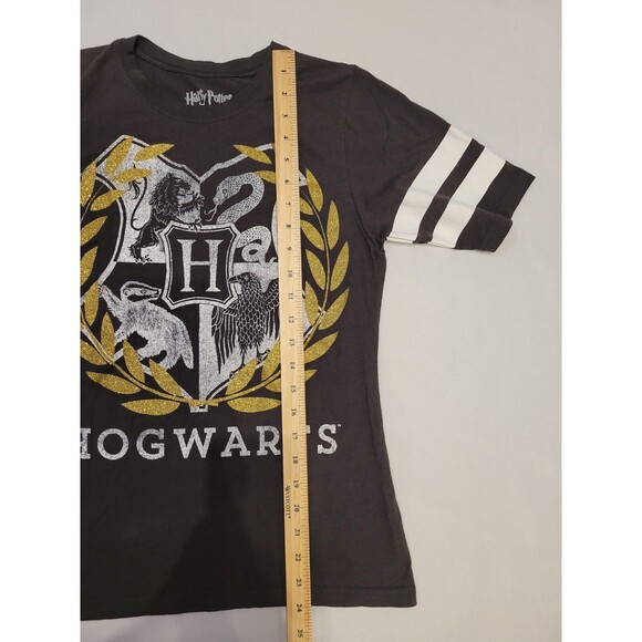 Harry Potter Hogwarts Tee Juniors Large 11/13 Glitter House Crest Gold Gray - Picture 5 of 6